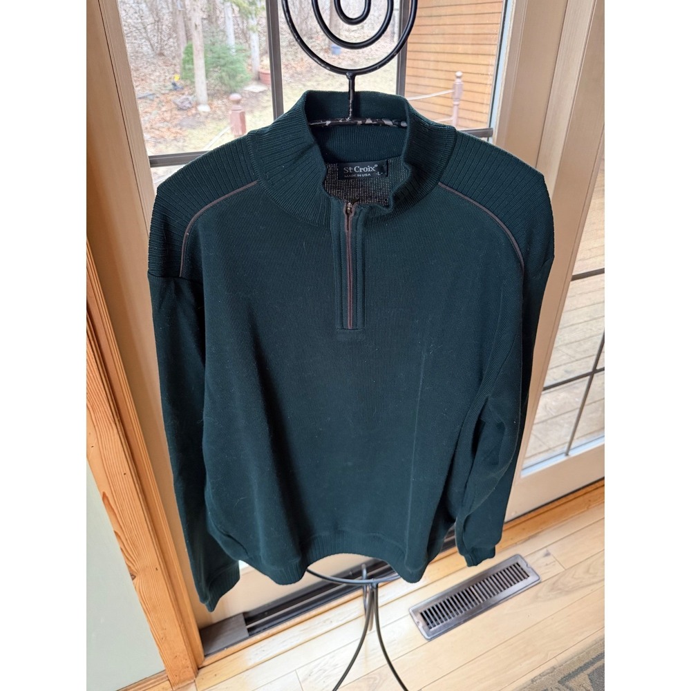 St Croix Mens Large Forest Green Quarter Zip Sweater Cotton Blend Made in USA